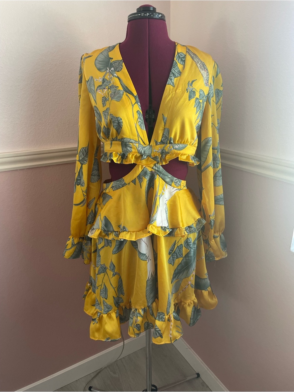 SHEIN Yellow Floral Cutout Ruffle Mini Dress